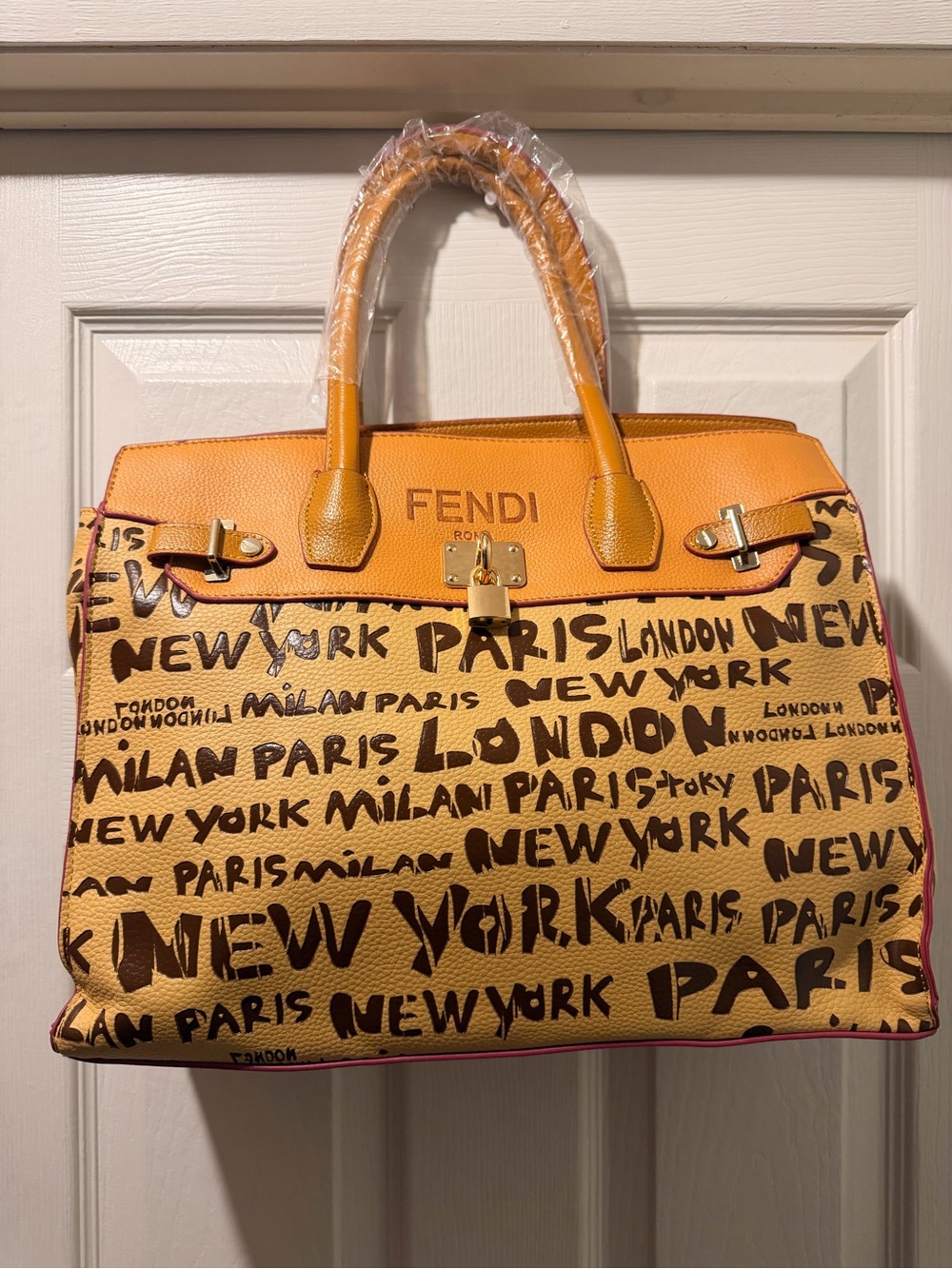 Women Orange & Brown Script City Tote